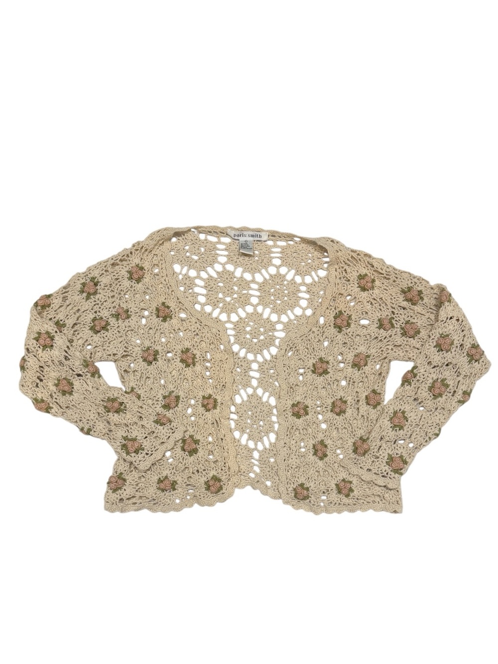 Vintage Y2K Cream 3D Floral Crochet Knit Cardigan Pink Flowers Large Cottagecore